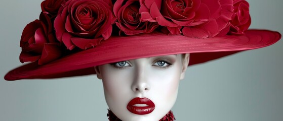  A close-up photo of a mannequin donning a red hat with red roses adorning its peak