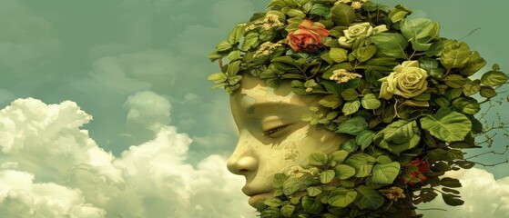  Digital portrait of woman with floral crown & cloudy backdrop