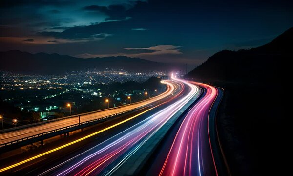 A long exposure photo of a highway at night. 4K Video