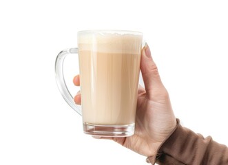 Fototapeta premium Hand Presenting a Cozy Spiced Latte in a Transparent Mug with Cinnamon Stick - AI generated