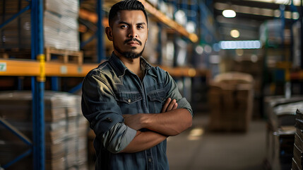 Obraz premium A man standing confidently with his arms crossed in a warehouse.