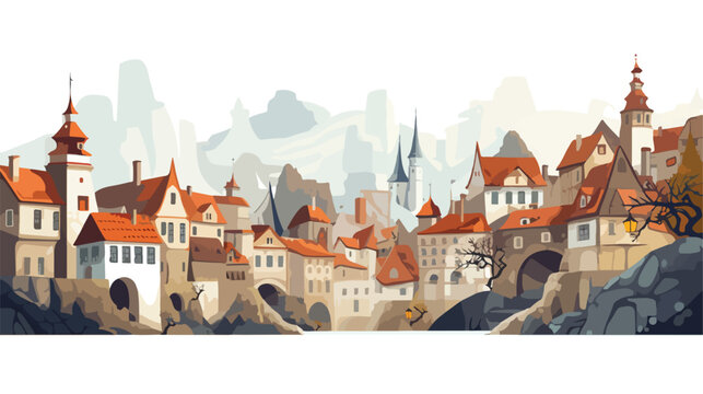 View of the old medieval fantasy town .. Flat vector