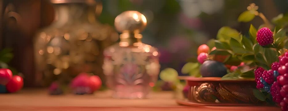 Decorative ornate antique perfume bottle with fruit and flower background. Cologne bottle product photography 4K Video