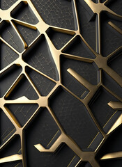Abstract geometric shapes in bright dark colors, 3D effects, gold, brass, dynamic trendy modern design as background, texture materials for technical packaging design, conceptual wall design,	
