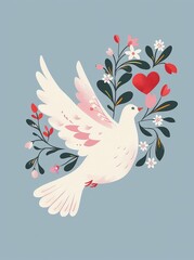 A white dove surrounded by red hearts and flowers against a blue background