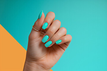 The manicured nails are painted in a bright green color. hand with great pose promote nail design. Beauty salon concept. Well-groomed hands. Manicure masters.