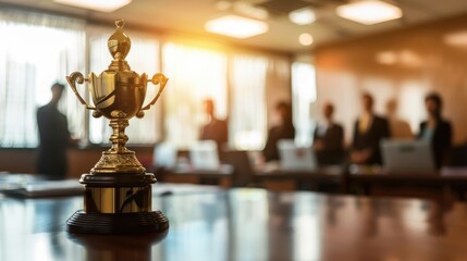 Concept team Success Golden Trophy Cup on a Wooden Table Highlighting Achievement in a Blurred Office Background - AI generated