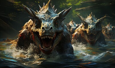 Group of Dinosaurs Roaring in Water