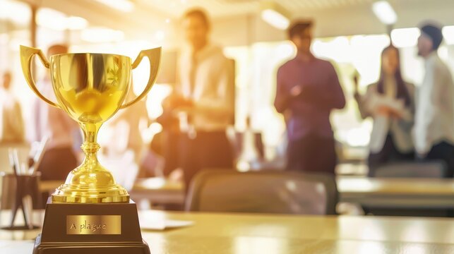 Concept team Success Golden Trophy Cup on a Wooden Table Highlighting Achievement in a Blurred Office Background - AI generated