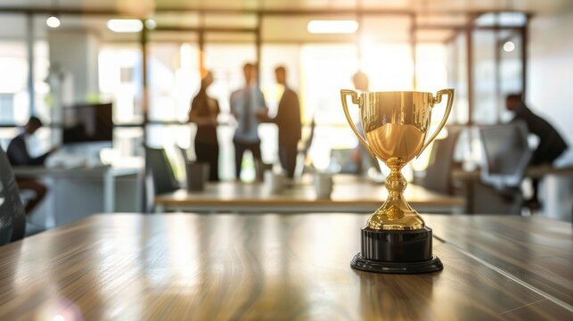 Concept team Success Golden Trophy Cup on a Wooden Table Highlighting Achievement in a Blurred Office Background - AI generated