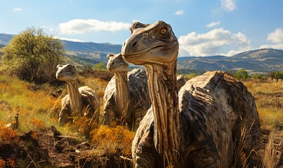 Close-Up of Group of Dinosaurs in Field - obrazy, fototapety, plakaty