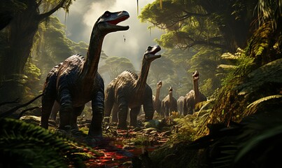 Group of Dinosaurs Walking Through Forest - obrazy, fototapety, plakaty
