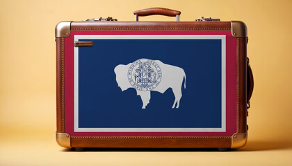 Wyoming flag on old vintage leather suitcase with national concept. Retro brown luggage with copy space text.