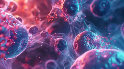 Delve into a microscopic world where nanoparticles deliver targeted drug therapies within the human body, navigating through intricate cellular structures. 32K. - obrazy, fototapety, plakaty