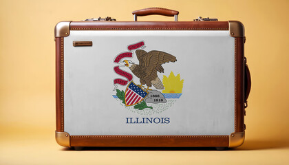 Illinois flag on old vintage leather suitcase with national concept. Retro brown luggage with copy space text.