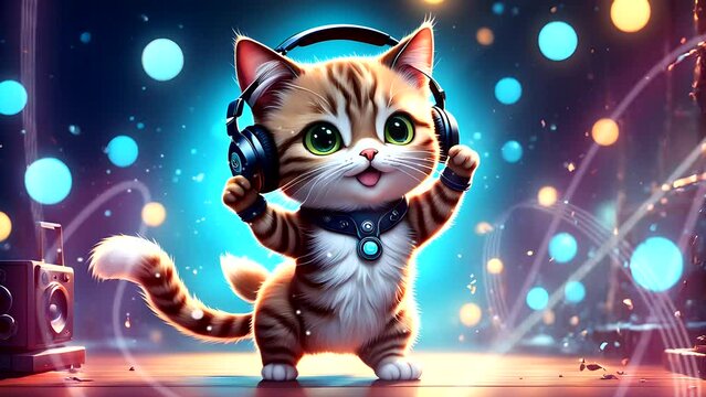 Funny kitten enjoying music with headphones. Seamless looping time-lapse 4k video animation background