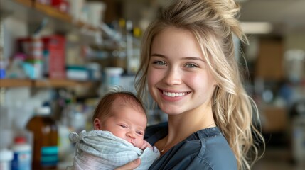 Smiling young nurse holding a newborn baby in a hospital