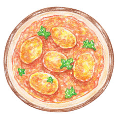 egg curry color pencil drawing style, egg dishes from around the world