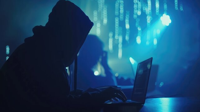 Silhouette of a Hacker Working on a Laptop in a Dark Room with Digital Code - AI generated