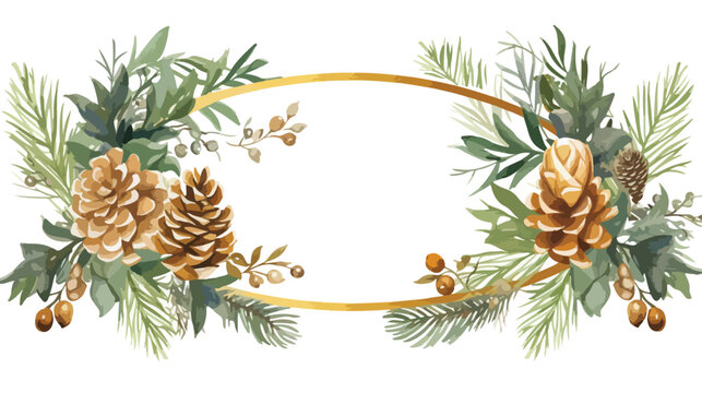 Watercolor christmas golden frame with fir branches
