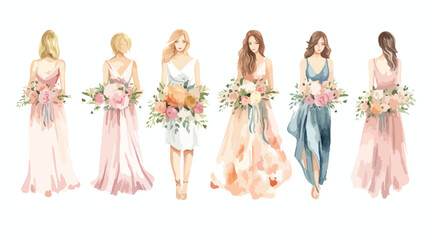 Watercolor floral Bridesmaid background Wedding Flat vector - obrazy, fototapety, plakaty