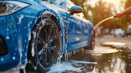 Close-up view of car wash with soapy suds on blue car - obrazy, fototapety, plakaty