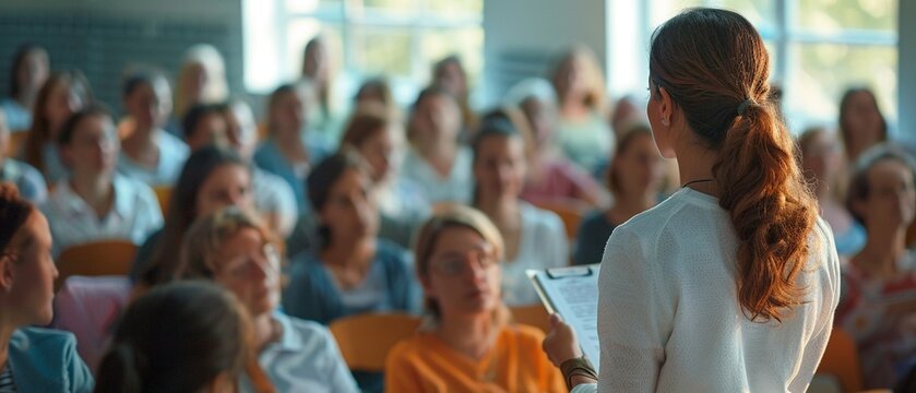 Heart-healthy diet presentation, dietitian with chart, attentive audience, overhead angle, clear focus.stock photographic style