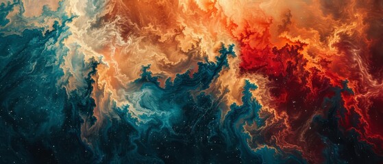 A painting depicting blues, oranges, and reds on a black canvas, including stars and a space in the lower right corner - obrazy, fototapety, plakaty