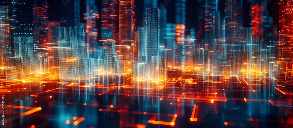 Aufkleber abstract business and technology concept in a cityscape, symbolizing the integration of digital netw