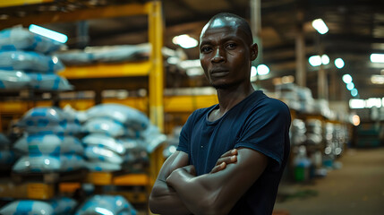 A black man standing confidently with his arms crossed in a warehouse.