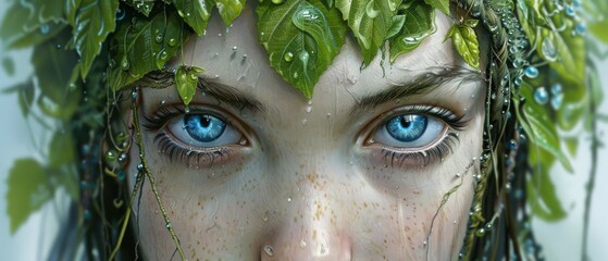  Close-up portrait of a woman with blue eyes and green foliage in her hair, adorned with droplets of water