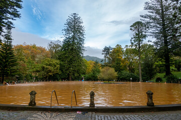 The famous yellow thermal pool in the Terra Nostra botanical garden at Furnas, Sao Miguel island, Azores, Portugal