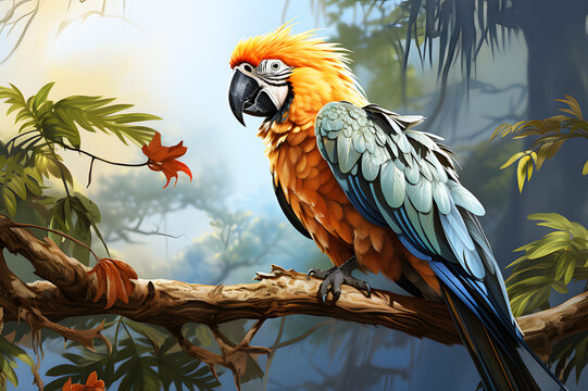 Picture watercolor of Parrot perched looking for prey in morning on brown branch on tree green and flower nature is white background. Realistic animal bird clipart template pattern.	