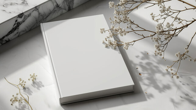 Photo frame wedding bouquet on the table, A4 Verical blank book cover mockup on light grey background, Ai generated image