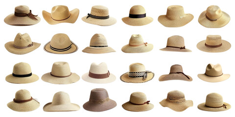 Set of beach hats on white background.