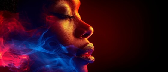  A close-up shot of a woman with smoke billowing out of her mouth in shades of red and blue