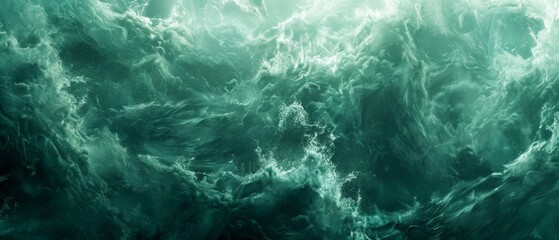 Fototapeta premium A vast expanse of water with numerous emerald-colored waves rising from depths, while the water's base is a deep shade of green