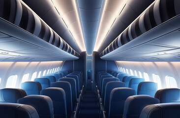 Fototapeta premium View in the empty passage of the plane. Smooth rows of seats, neat interior decoration. All held in blue colors