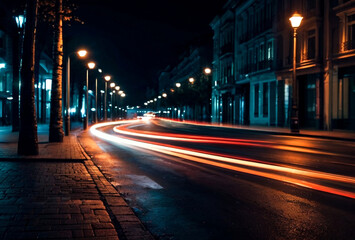 Fototapeta na wymiar Abstract motion blur background of night street with car and street lamps. City life, lights from cityscape, style color tone. Concept of abstract stylish urban backgrounds for design. Copy space