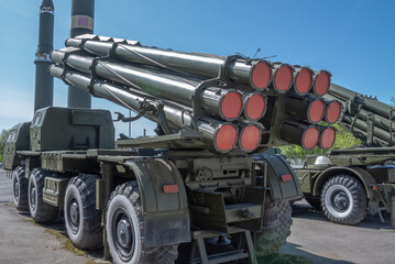Soviet and Russian multiple rocket launchers. A combat vehicle on the chassis of a truck. A heavy...