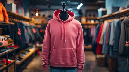 Pink hoodie on a mannequin in a trendy clothing store - obrazy, fototapety, plakaty