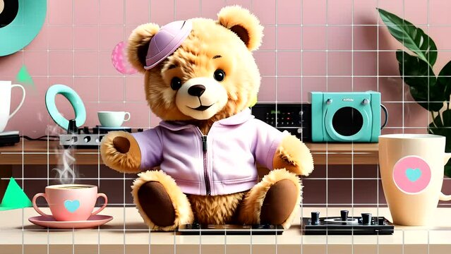 Teddy bear with coffee cups and modern musical instrument. Seamless looping time-lapse 4k video animation background
