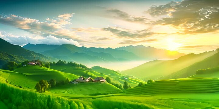 Landscape of rice terrace and hut with mountain range background and beautiful sunrise sky. Nature landscape. Green rice farm. Travel destinations in Chiang Mai, Thailand. 4K Video