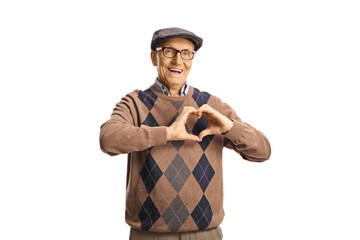Elderly man gesturing a heart symbol