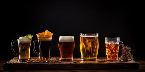 A sets of the different beer in different glass on the wooden table .