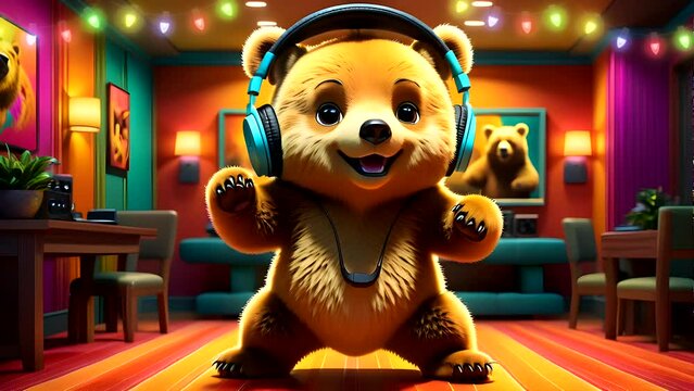 Cute baby bear with headphones dancing in the club. Seamless looping time-lapse 4k video animation background