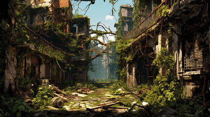 A postpocalyptic wasteland reclaimed by nature with - obrazy, fototapety, plakaty