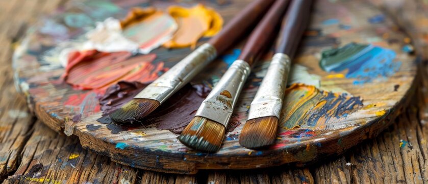  A set of brushes rests atop a wooden surface near a painted dish