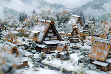 茅ぶき屋根のある風景（冬）-2