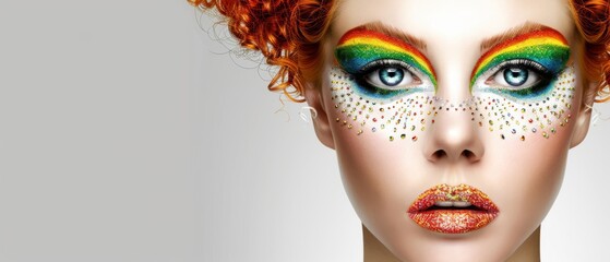  A woman's face in focus, with vibrant makeup and a rainbow-colored palette applied to her features